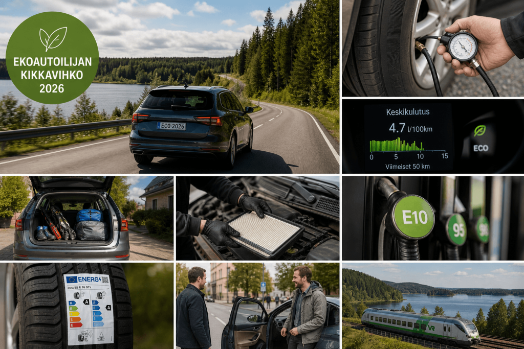 Ekologinen autoilu kuvitettuna.